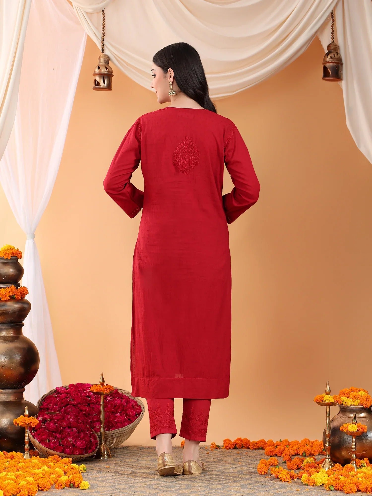 Ananya Chikankari Kurta Pant Cotton Co-ord Set (Maroon) - Image 9