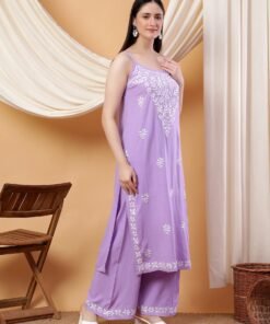 Raha Chikankari Strappy Rayon Co-ord Set (Lilac) - Image 4