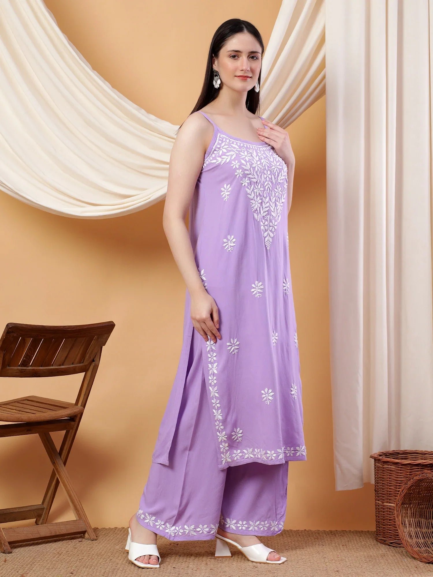 Raha Chikankari Strappy Rayon Co-ord Set (Lilac) - Image 4