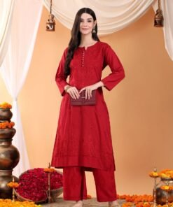 Priya Chikankari Kurta Palazzo Cotton Co-ord Set (Maroon)