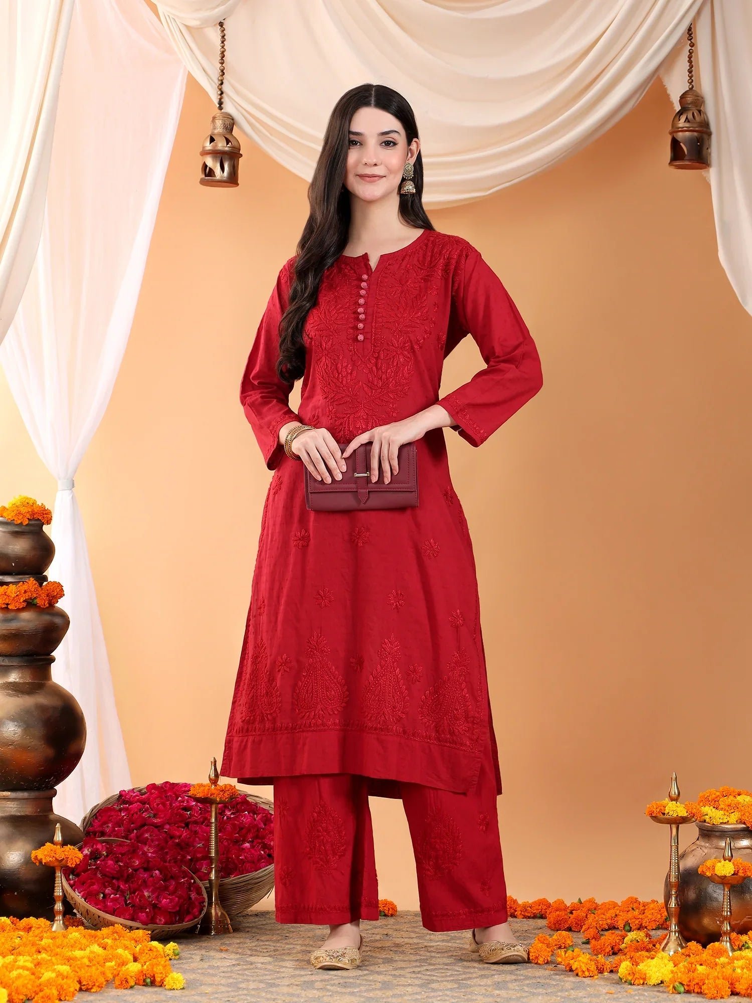 Priya Chikankari Kurta Palazzo Cotton Co-ord Set (Maroon)